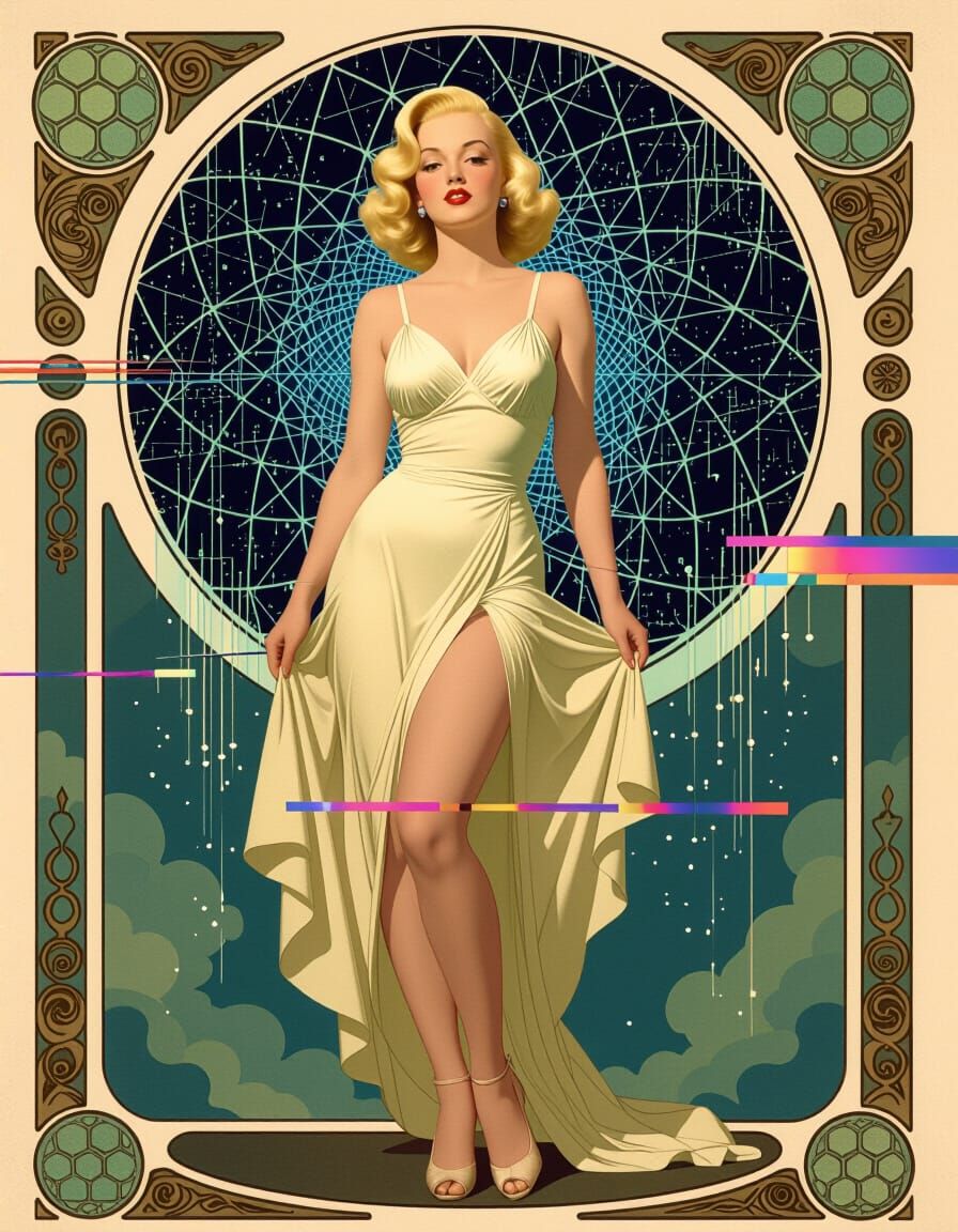 Pin-Up Model with Glitch Art Overlay and Fractal Patterns
