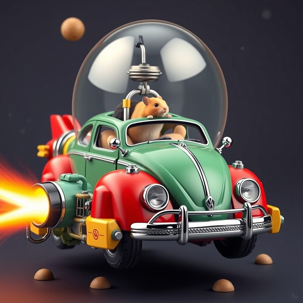Retro Sci-Fi Hamster Spacecraft in a VW Beetle