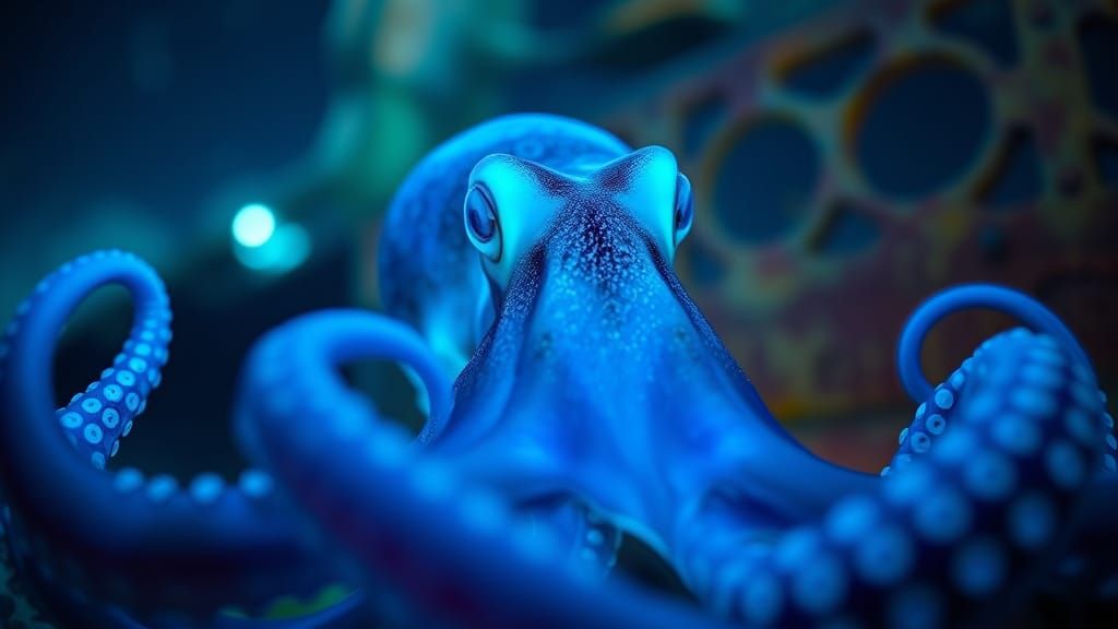 A Cinematic Closeup of a Bioluminescent Octopus in a Shipwre...