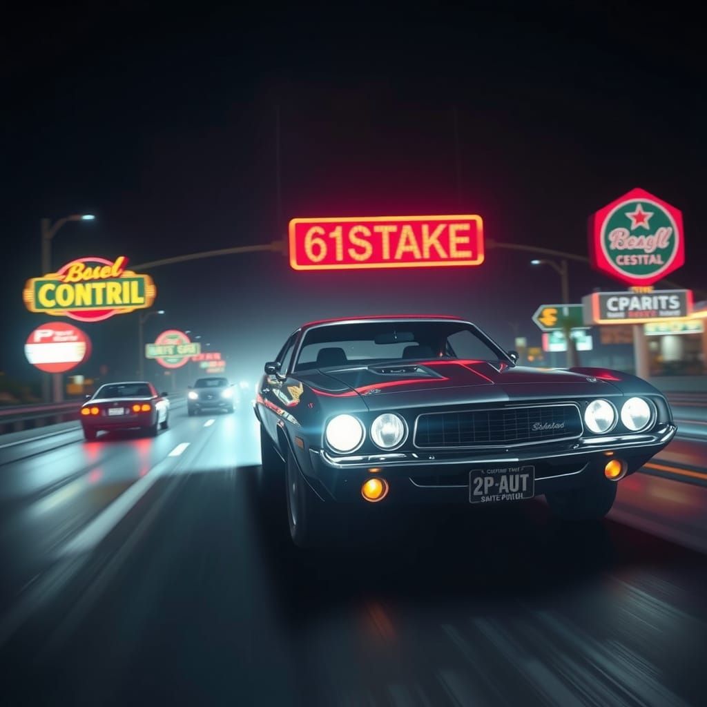 Muscle Car Speeds Down Deserted Highway at Midnight