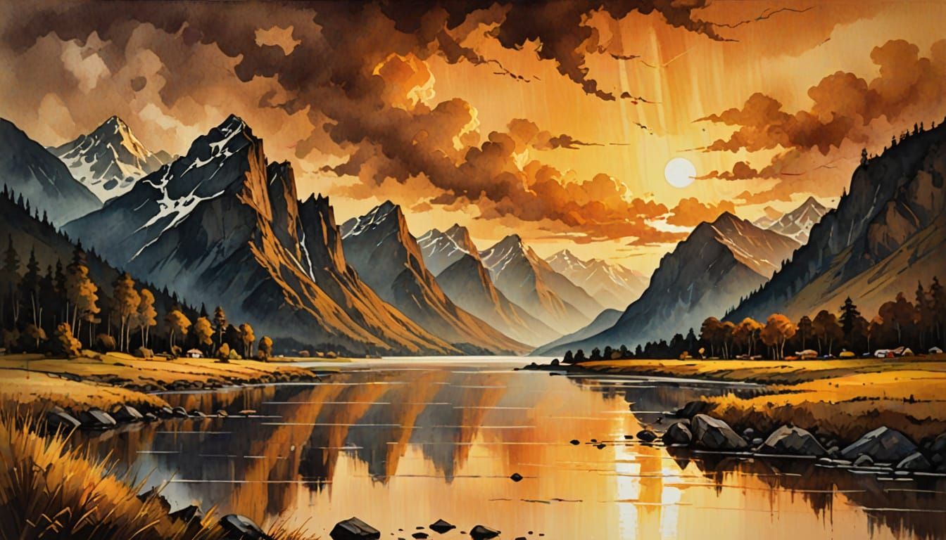 Stormy Sunset Over Bay in Woodcut Watercolor