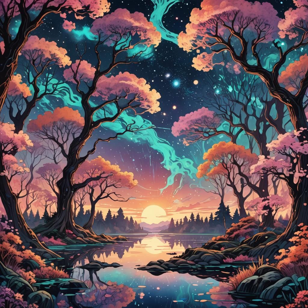 Abstract trees, radiant with nebulae hues, Dan Mumford-inspi...