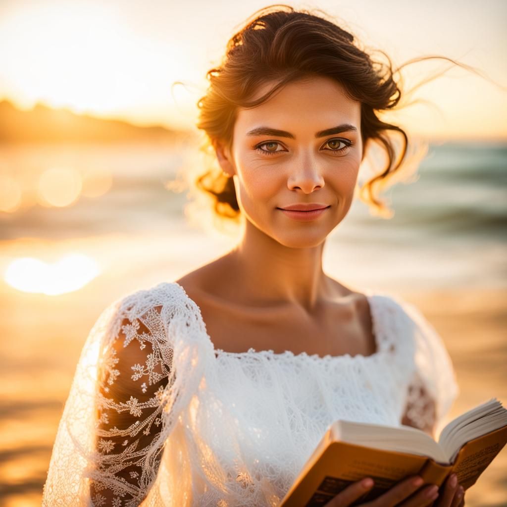 Woman Walking on Beach in Golden Hour with Book