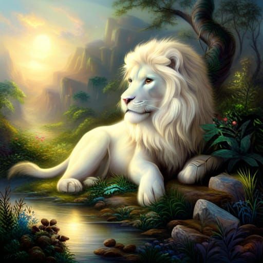 Ethereal White Lion in Fantasy Landscape