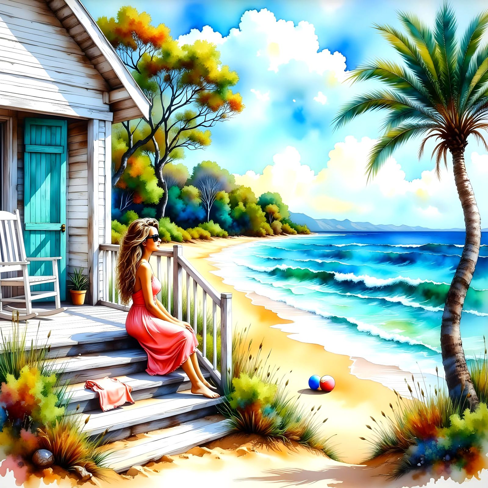 Surreal Australian Beach House Seascape in Watercolor Style