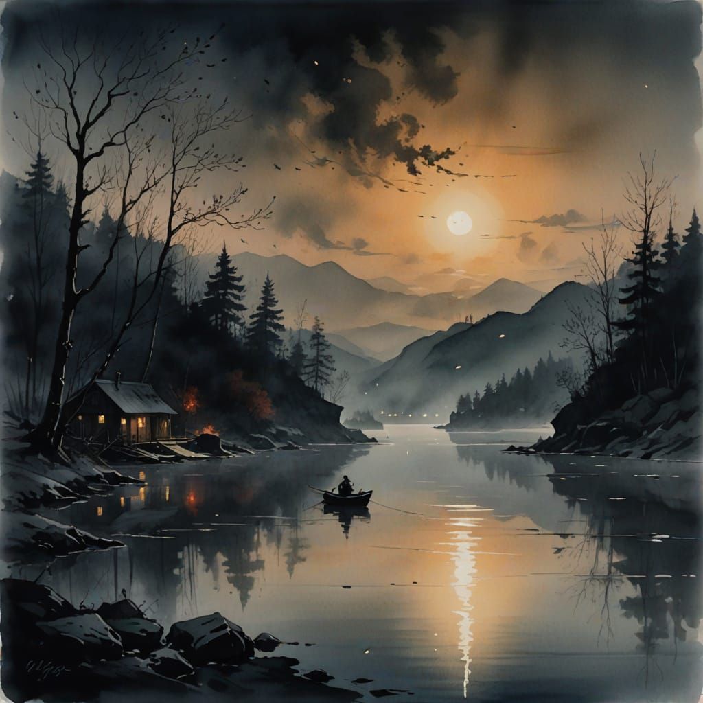 Lone Figure by Fishing Fire Under Frosty Sky in Gusu City