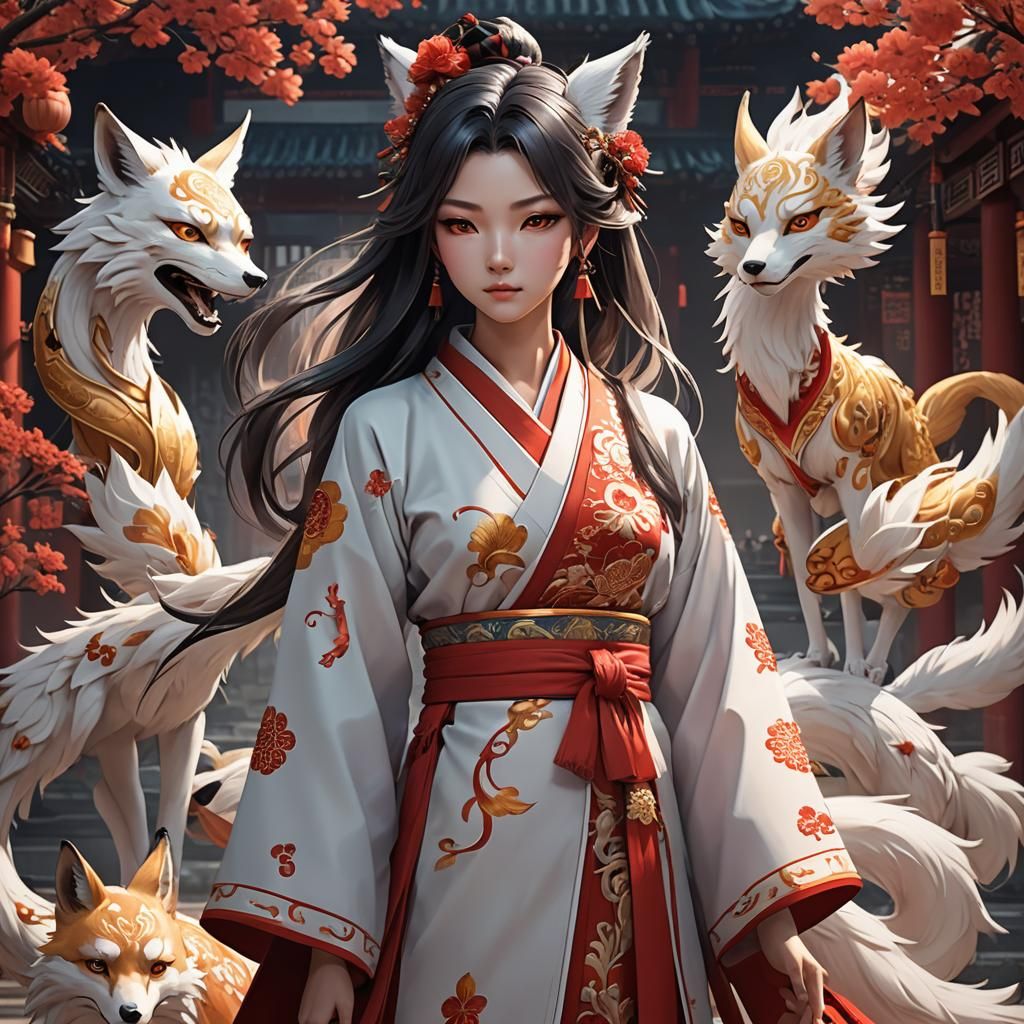 Nine-Tailed Fox in Chinese Dress: 3D Anime Art