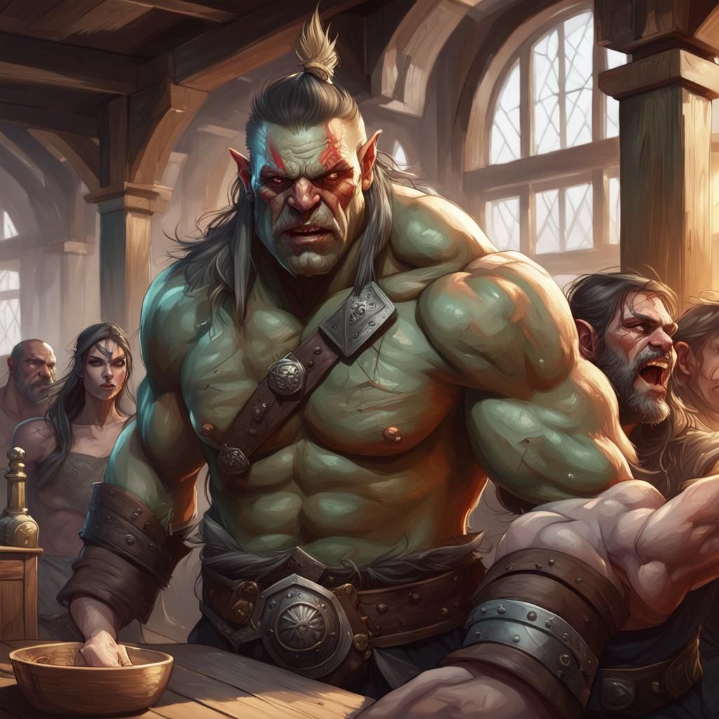 Barbarian Half-Orc Defends Woman in Tavern, Hyperdetailed Ar...