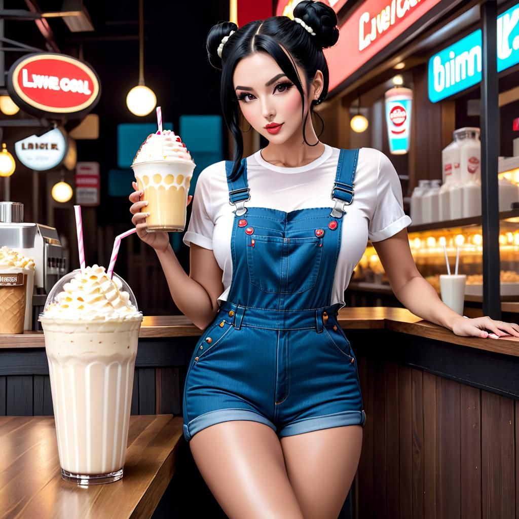 Cute Woman with Milkshake in Overalls