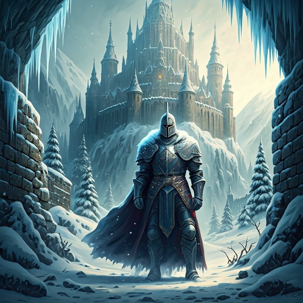 Regal Frost Knight in Winter Kingdom Castle Scene
