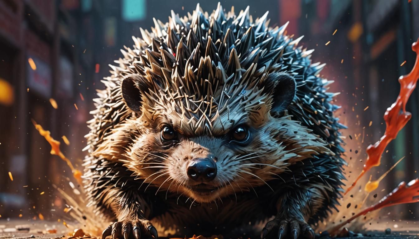 Angry Ninja Hedgehog in Hyperrealistic Splash Art