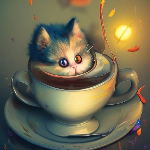 Kitten in Coffee Cup: Digital Illustration
