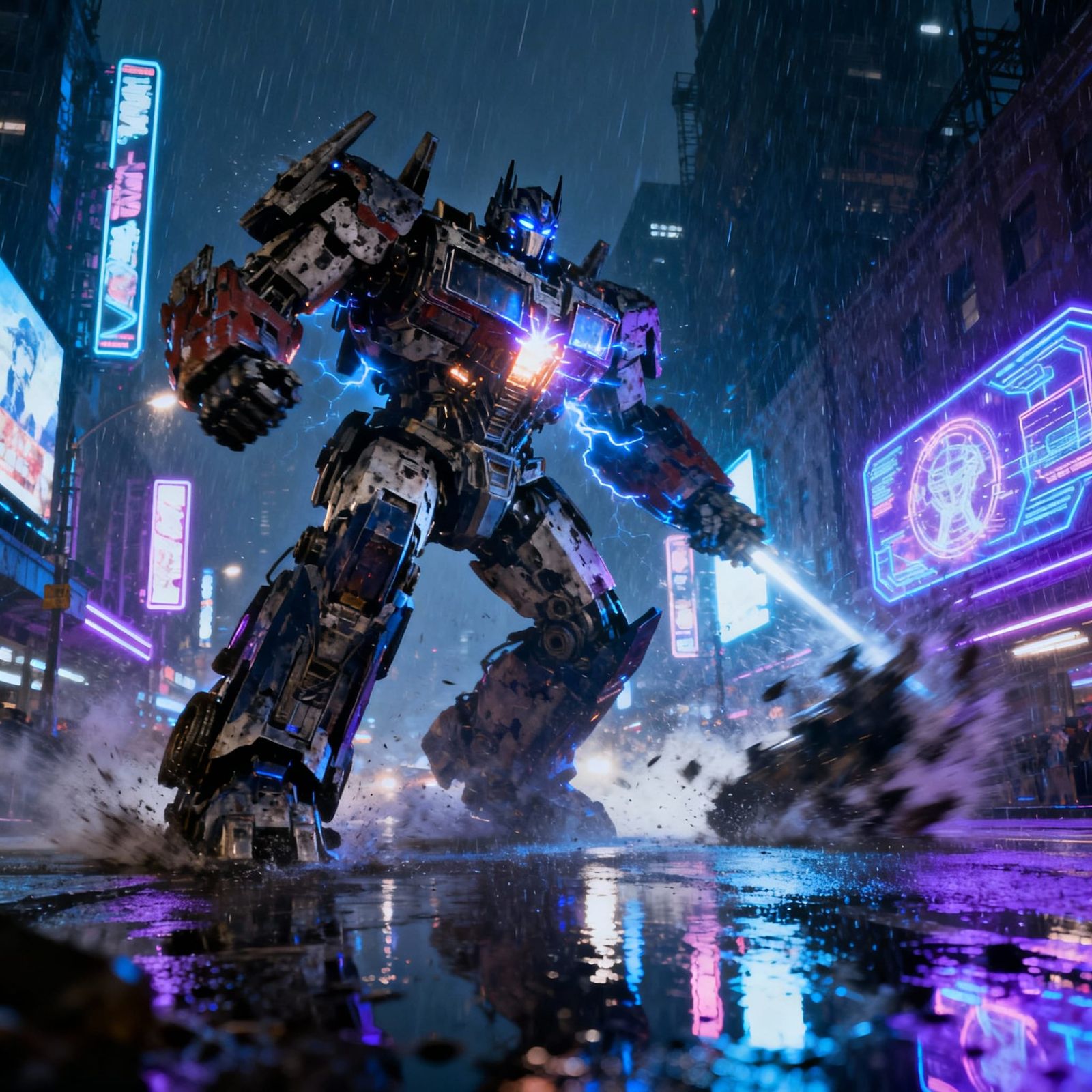 Colossal Megatron Robot Battles on Neon Cyberpunk Street