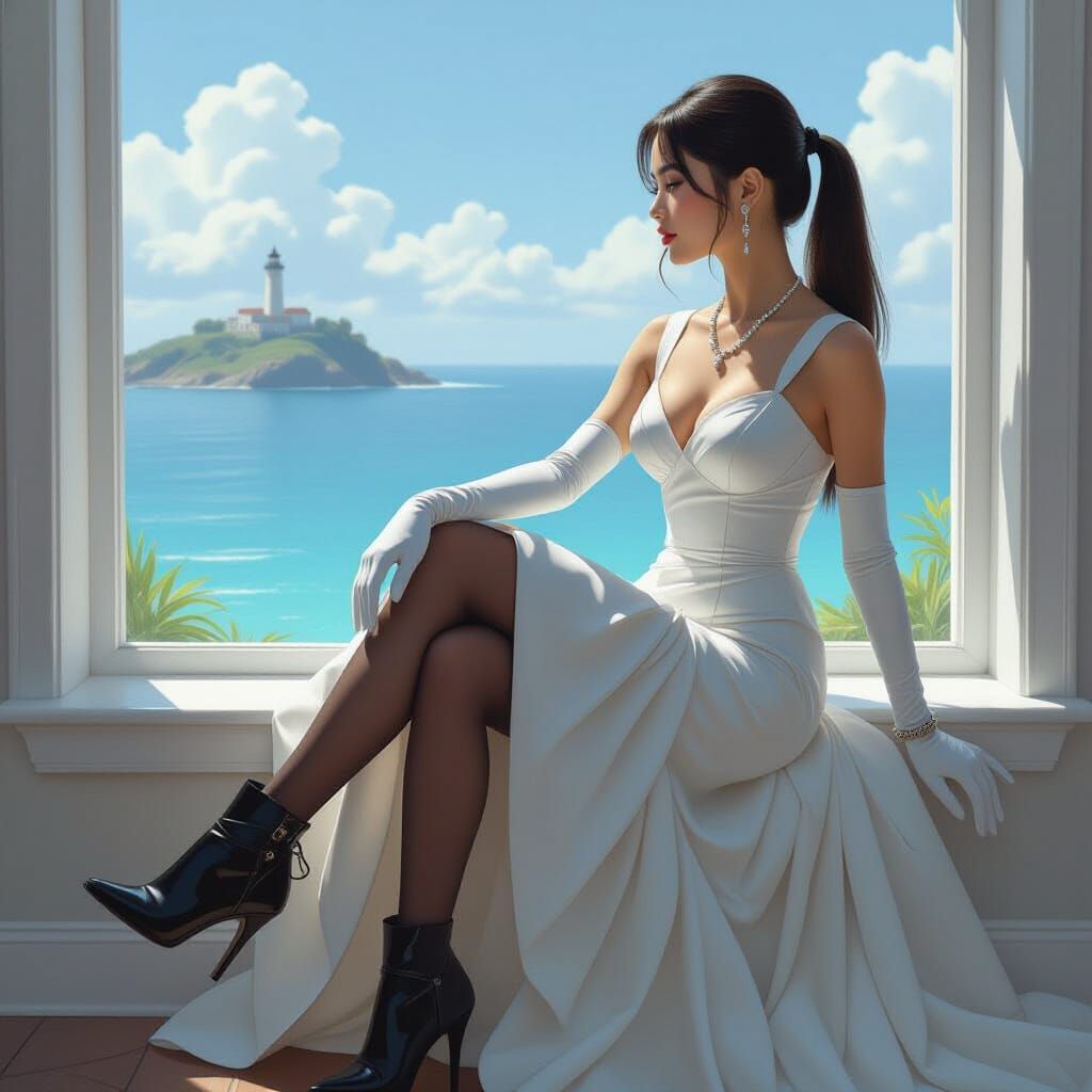 Woman in White Gown Gazing at Sea, Realistic Style