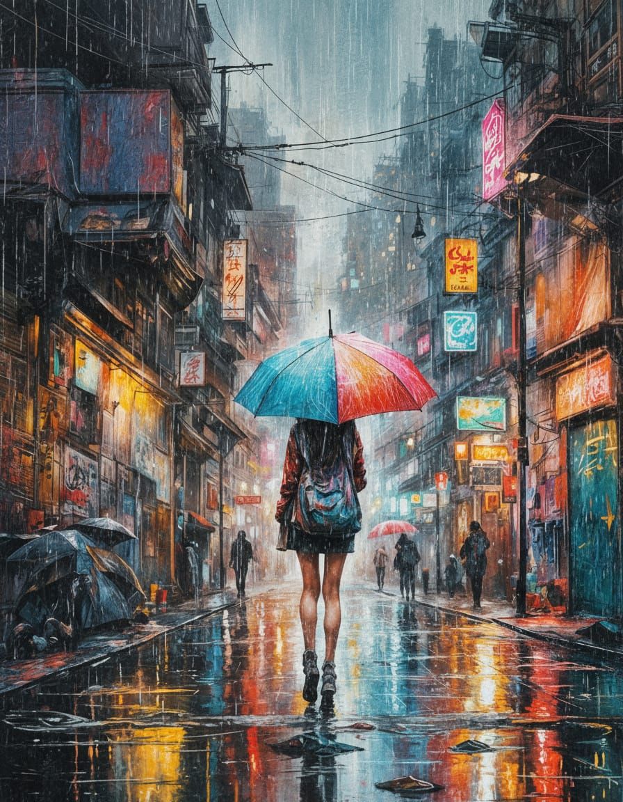 Young Woman in Heavy Rain Behind Torn Umbrella