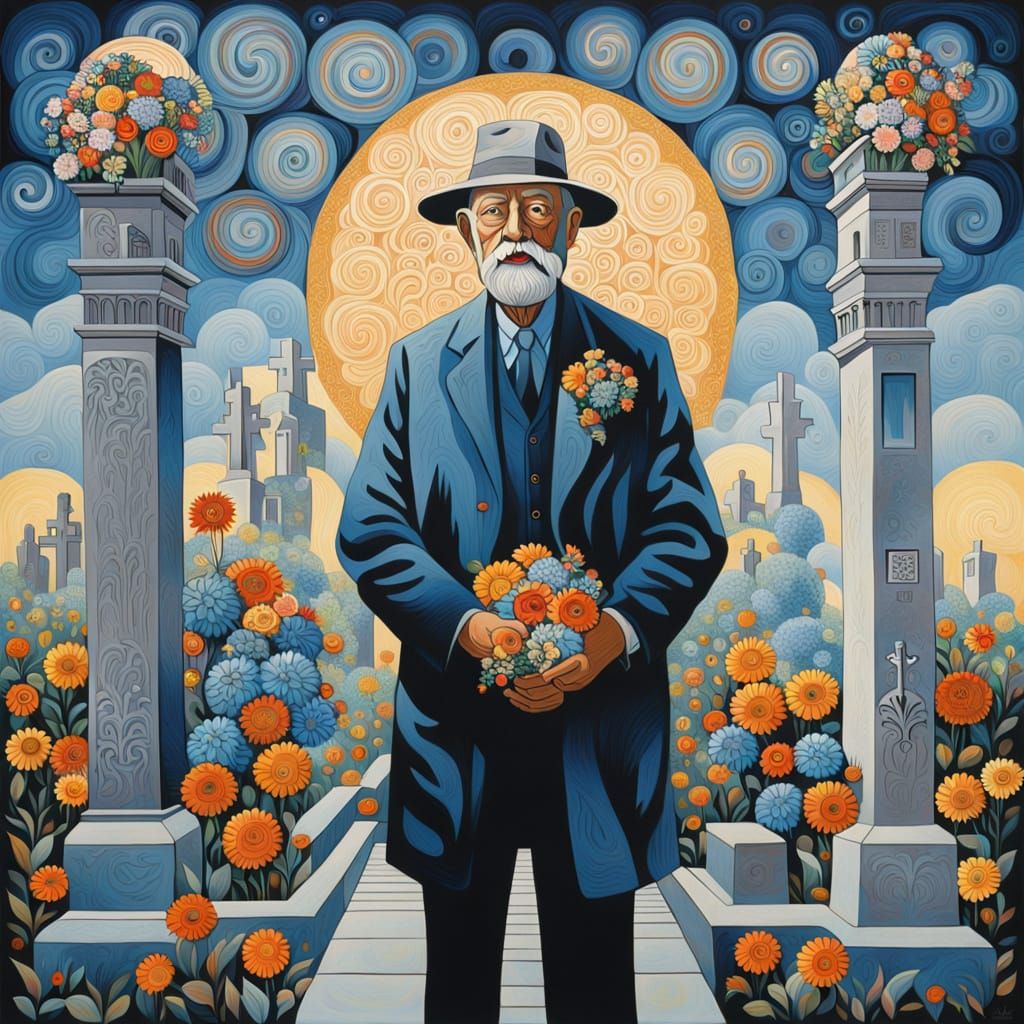 Elderly Man Mourning in Cemetery Painting