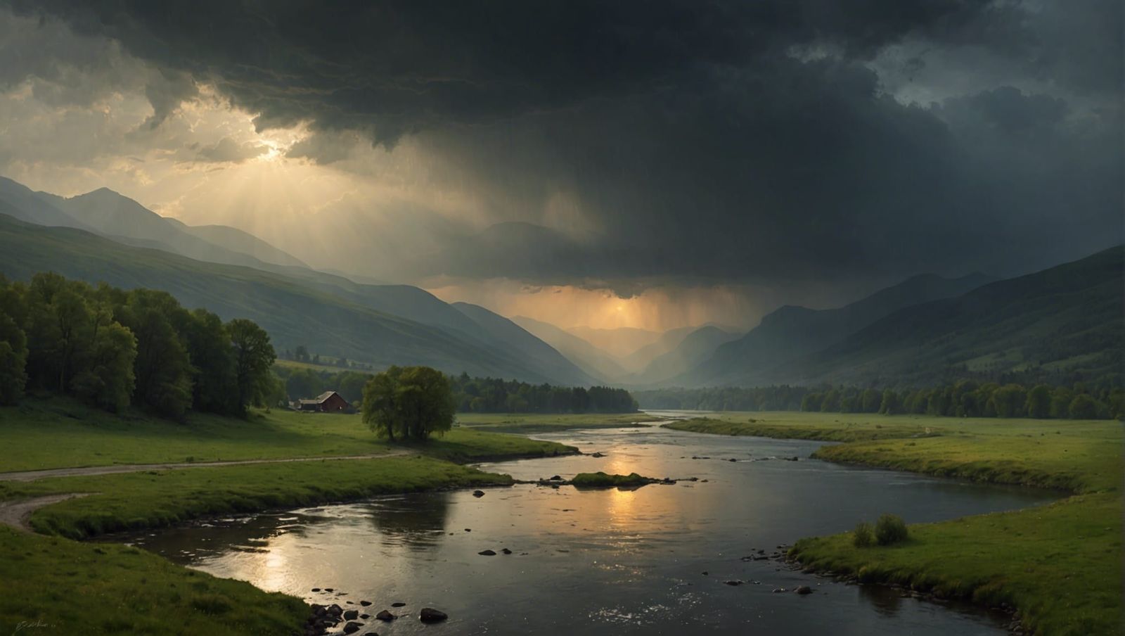 Tonalist Sunrise Over Misty Mountain River