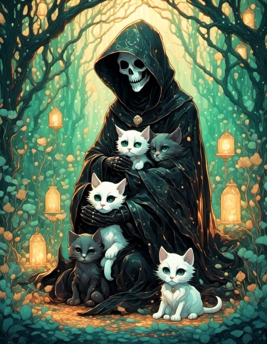 Grim Reaper Cuddling Kittens