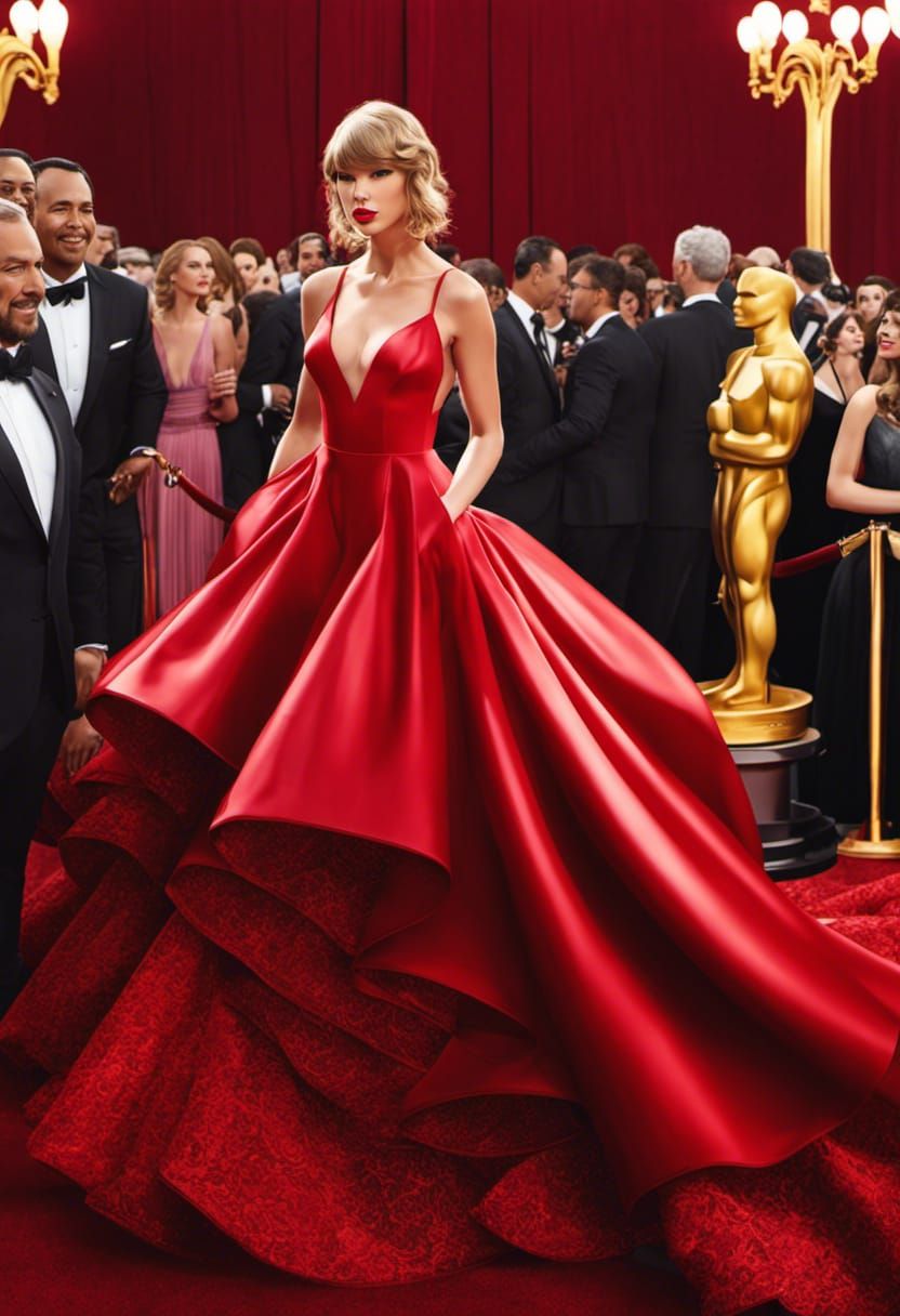 An AI creation,  Taylor Swift wearing an Oscar de la Renta beautiful designer dress , posing for photographers at a red ...