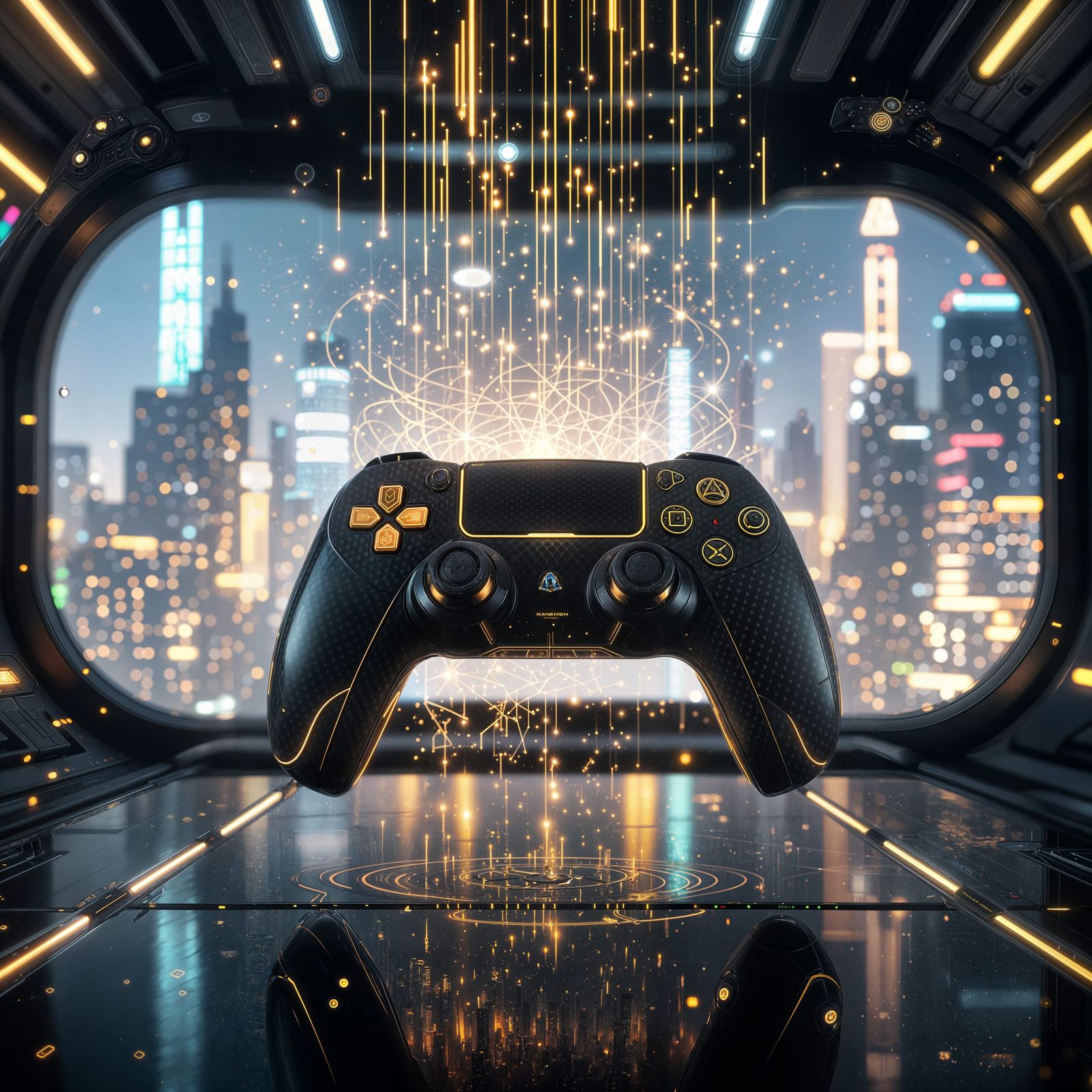 Futuristic Carbon Fiber Controller in Cyberpunk Lounge