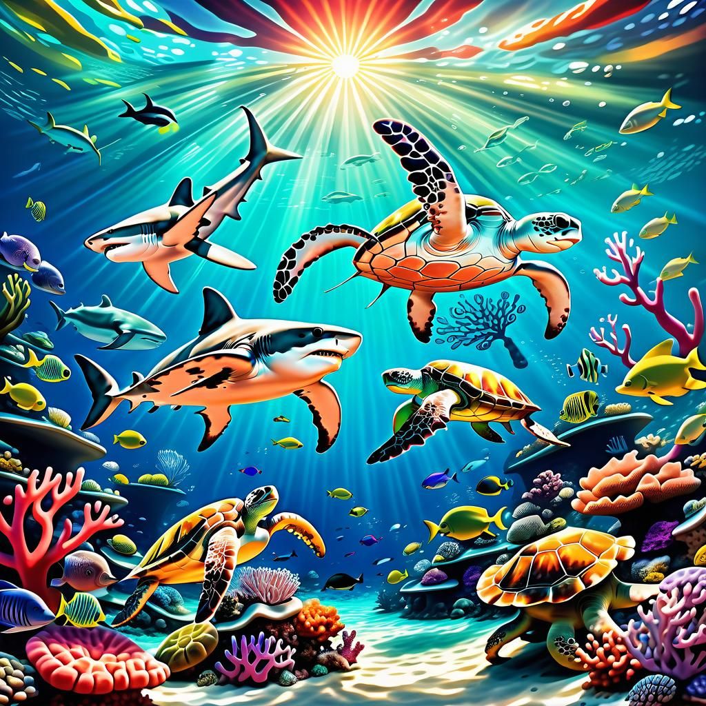 A shark, a sea turtle and an octopus  dance around a colorful coral reef.