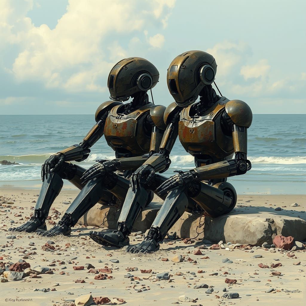 Robots Relaxing on Beach in Sinister Style