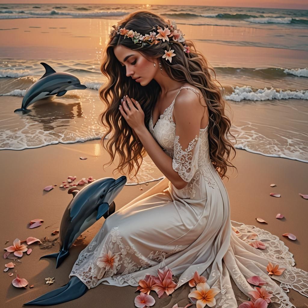 Woman Kissing Dolphin on Beach at Sunset