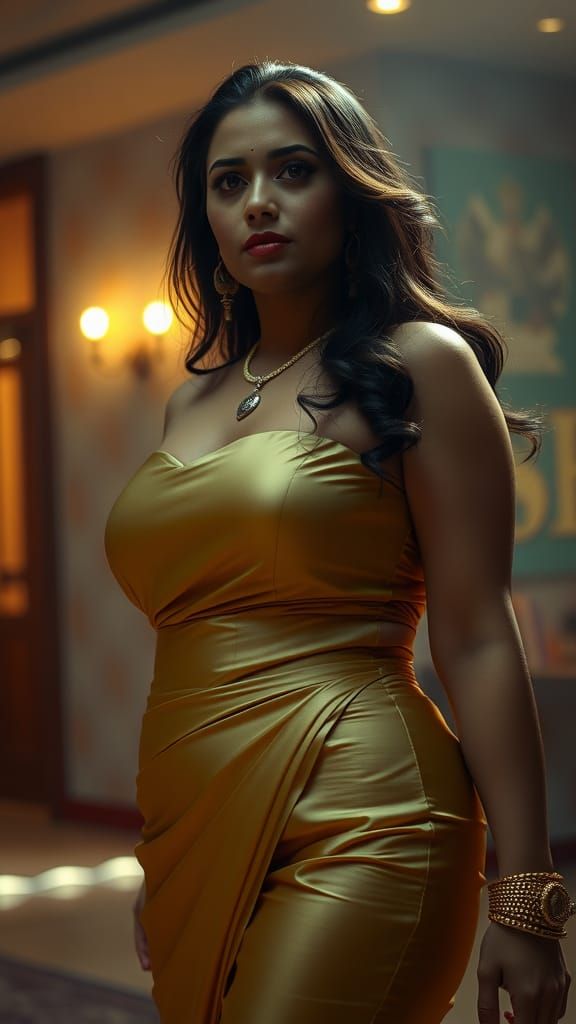 Curvy Indian Woman in Silk Dress: Cinematic Portrait