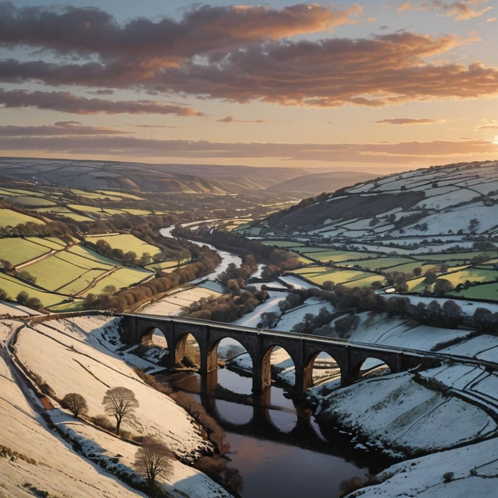 Winter Sunset Over Valley With Viaduct