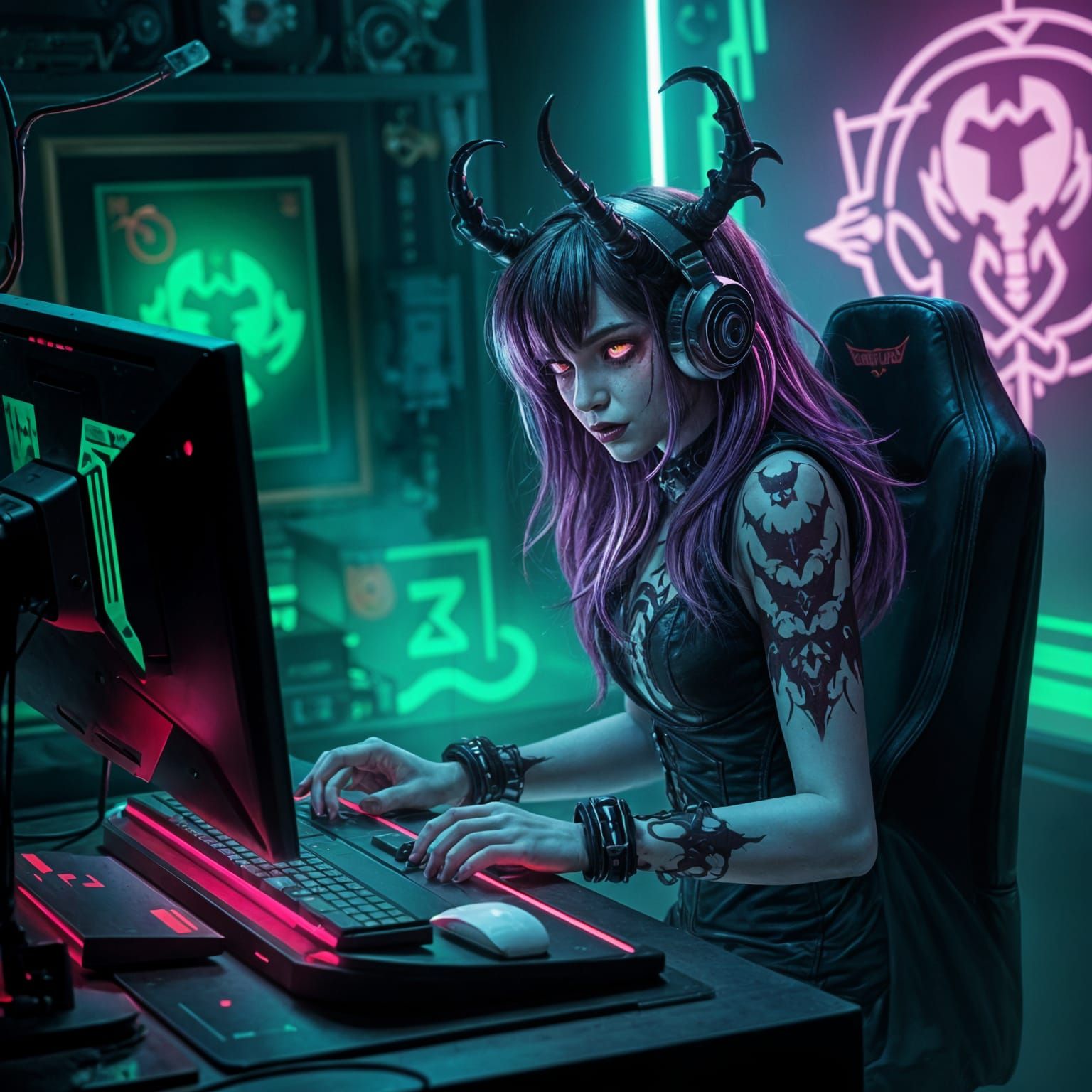 Gothic Gamer ZombiGurl Surrounded by Dark, Futuristic Horror