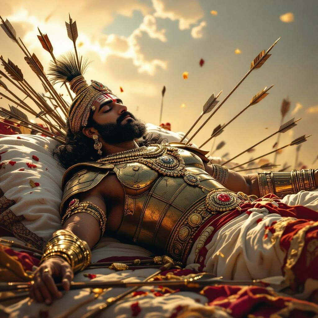 Bhishma Pitamah on Arrow Bed: Epic Mahabharata Scene
