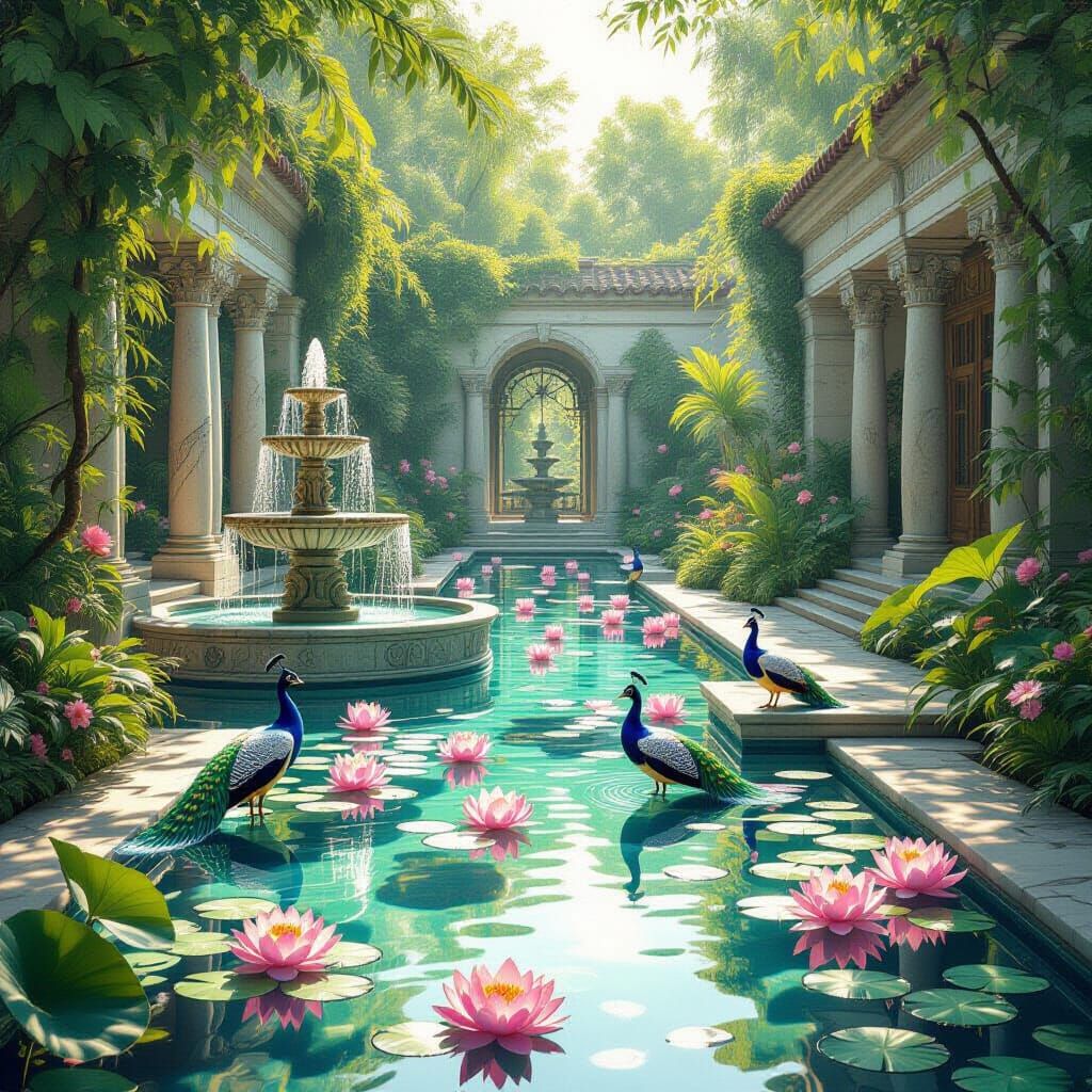 Secret Garden with Fountains and Peacocks