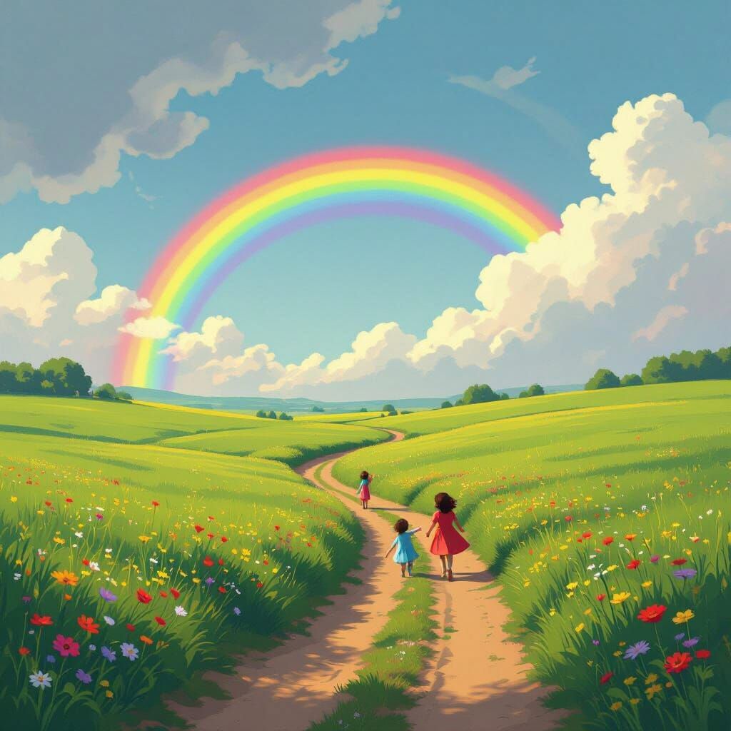 Vibrant Rainbow Landscape in Rothko and Miyazaki Style