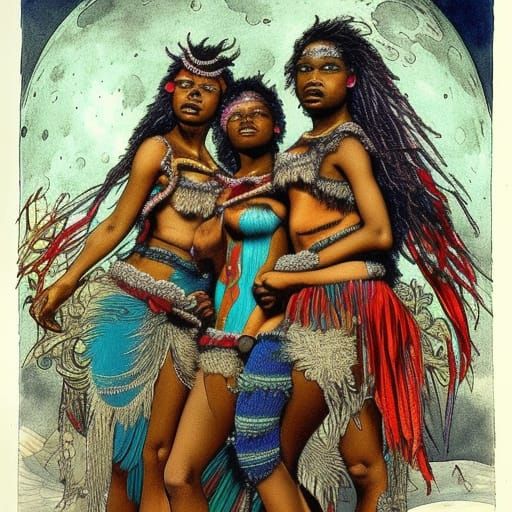 Papuan Girls Dance in Snowy Moonscape: Art Nouveau Style