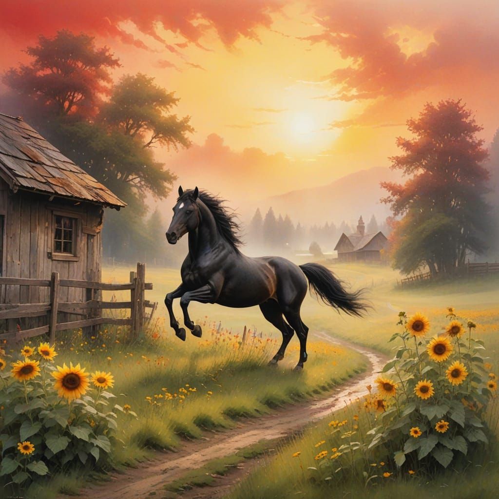 Black Stallion in a Whimsical Swiss Meadow