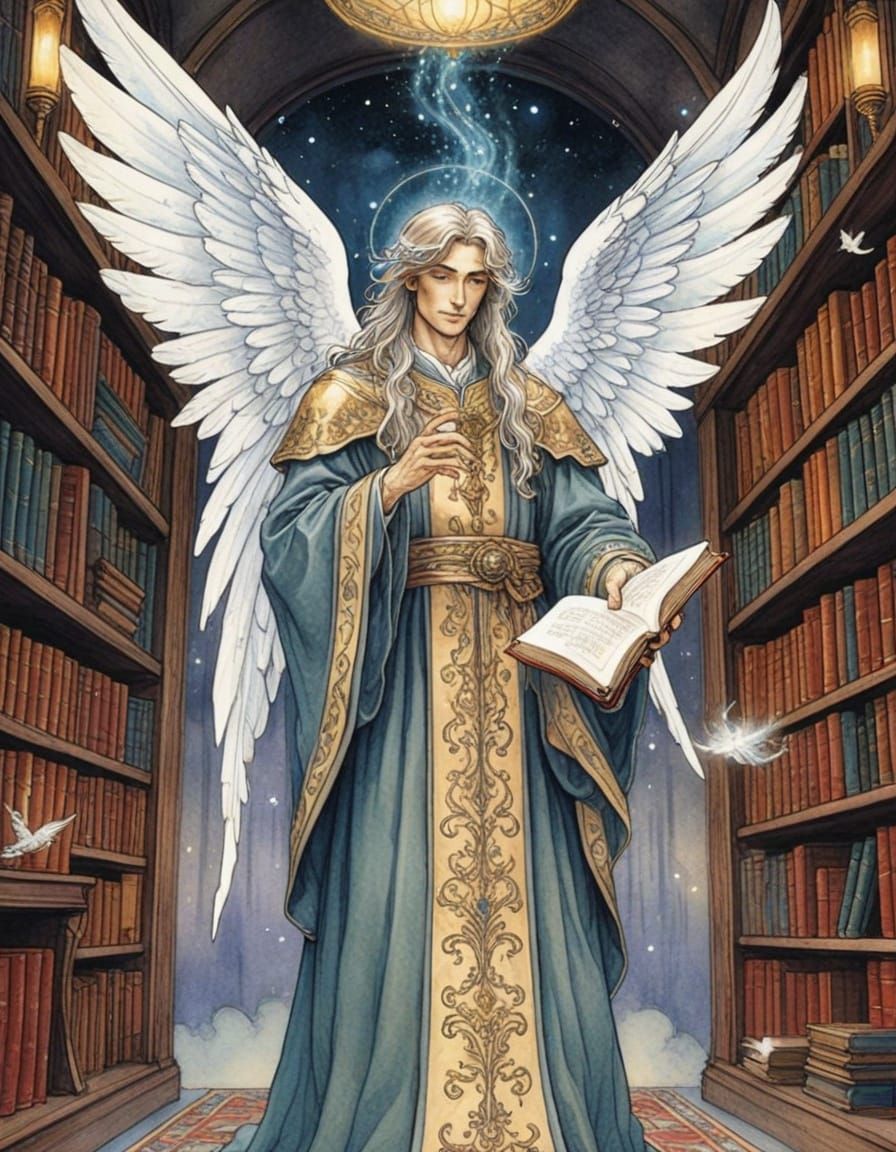Celestial Angel as Scholar in Enchanted Library