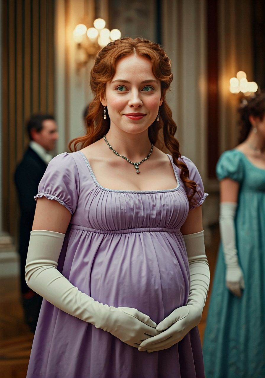 Pregnant Woman in Lilac Regency Dress at Ballroom