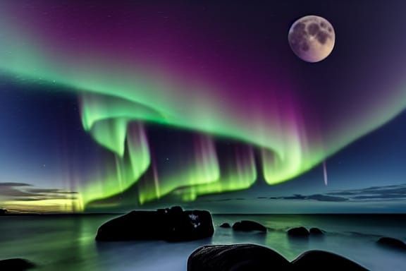 Full Moon and Aurora Landscape at Twilight