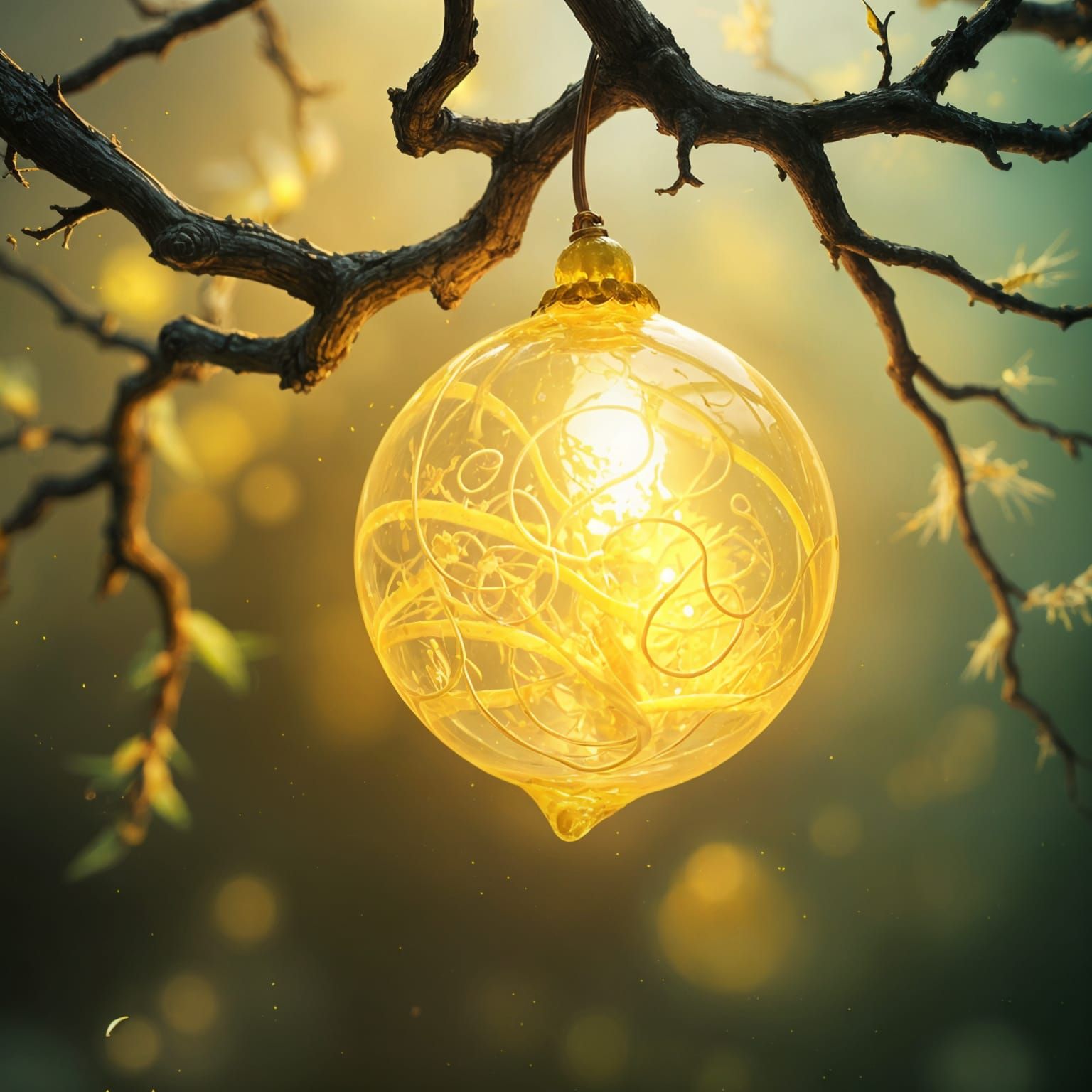 Surreal Glass Lemon Blooms from a Tree in a Dreamlike Scene