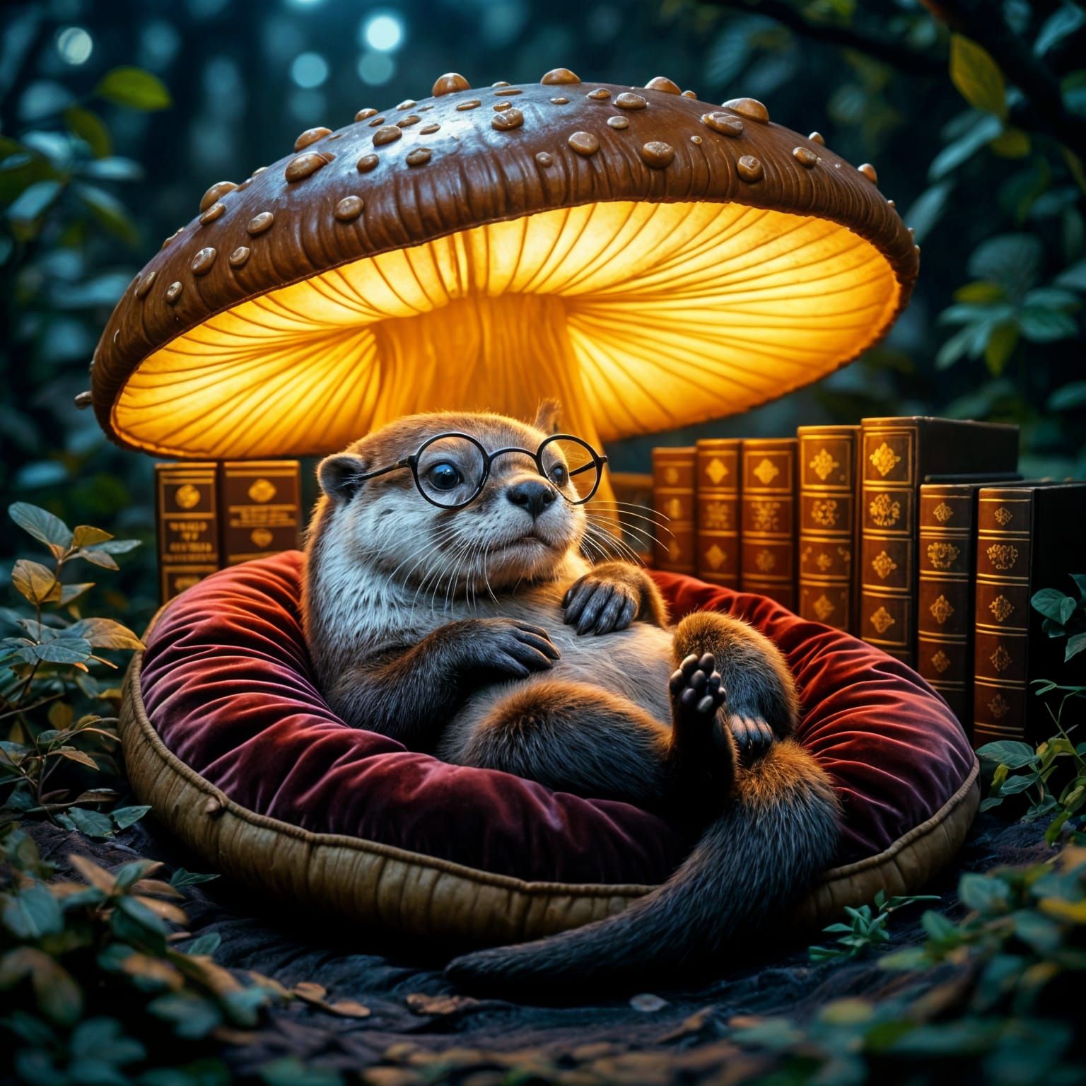 Whimsical Otter in Mushroom Library: Digital Art