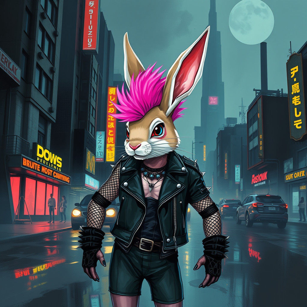 Cyberpunk Rabbit Hero in Dystopian Cityscape