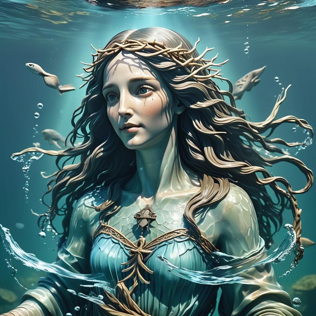 Mermaid and Jesus Underwater: Mysterious 3D Render
