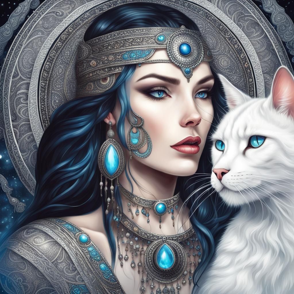 Shaman Cat Woman Kissing White Cat in Dream