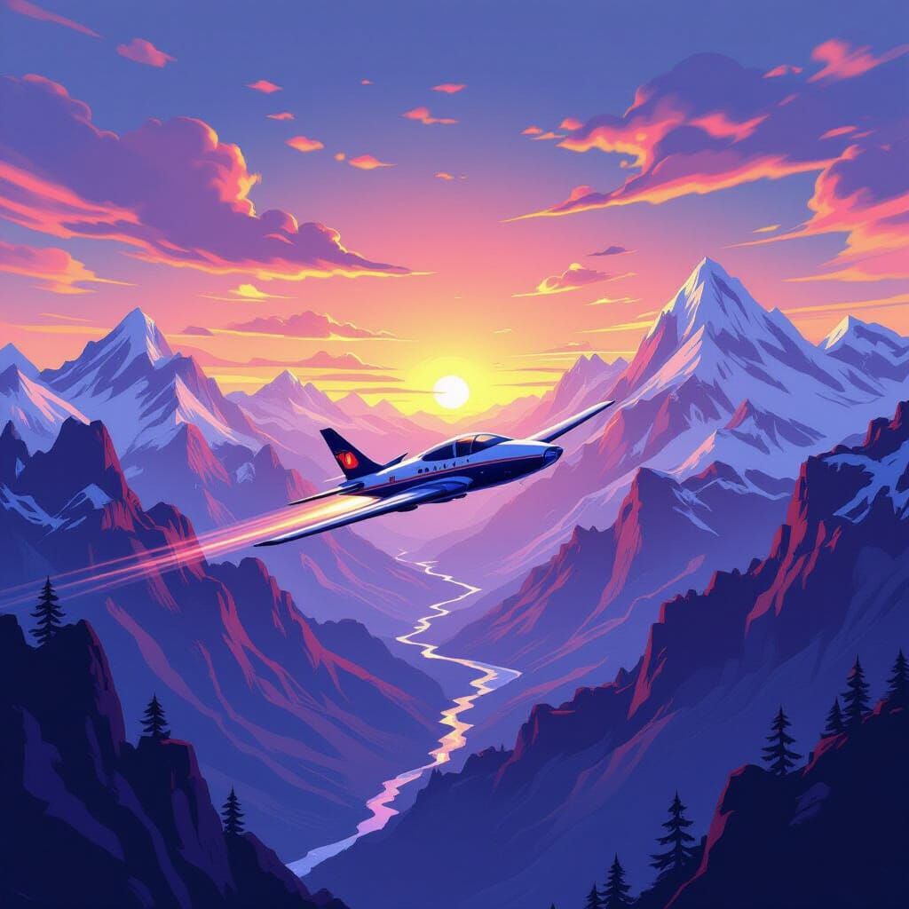 Cartoon Realism Flight Through Mountain Peaks at Sunset