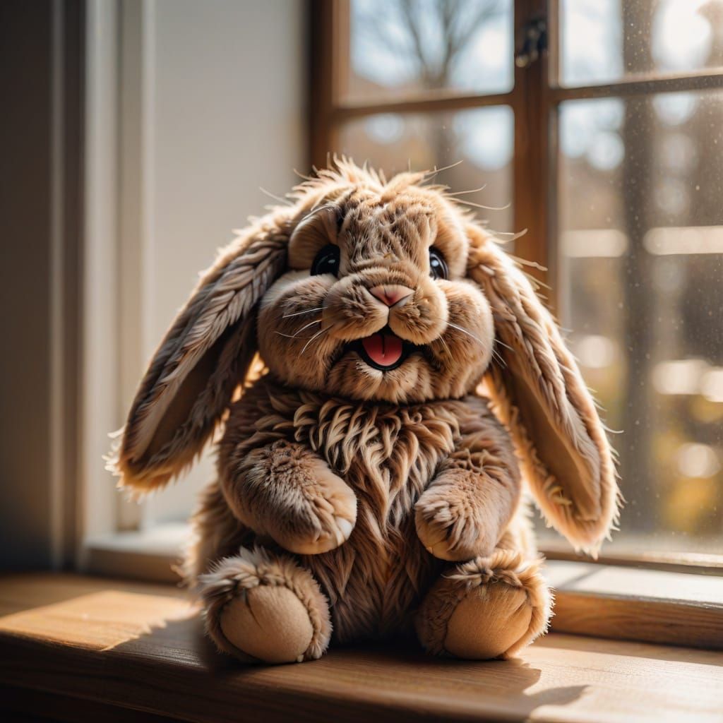 Laughing Lop Bunny Plushie on Window Sill