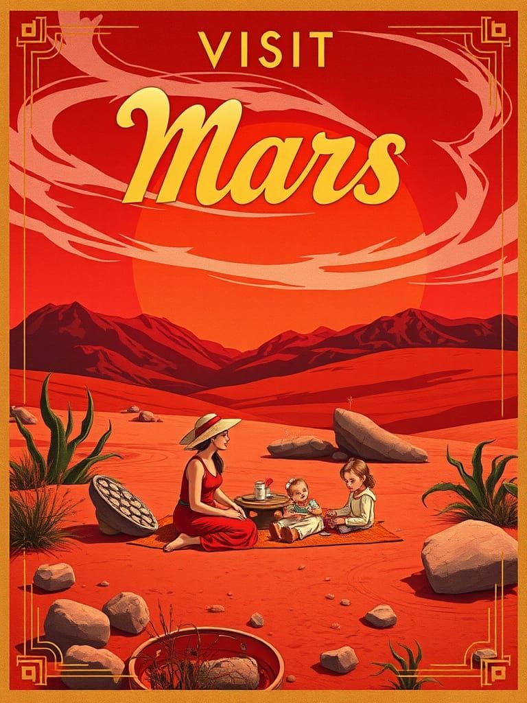 Family Picnic on Mars in Art Deco Style