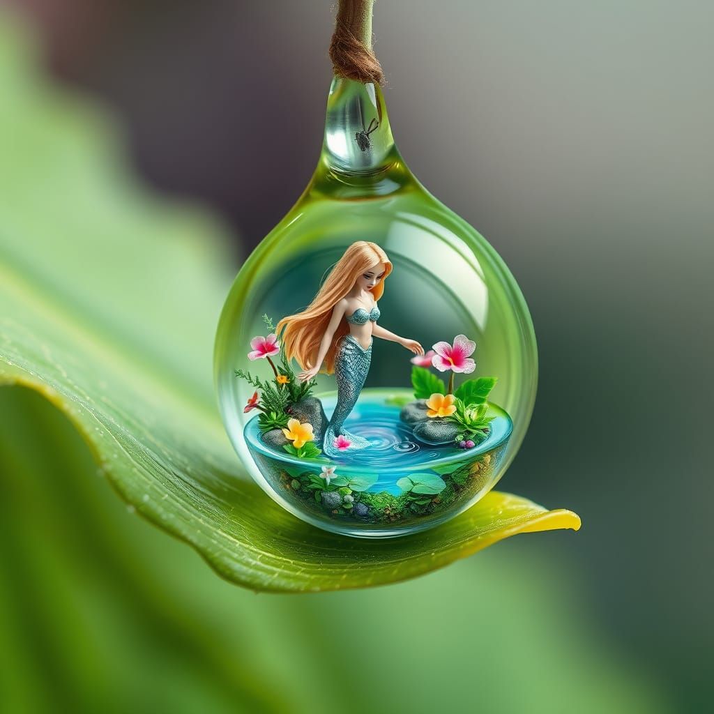 A miniature mermaid inside a delicate water droplet on grape...