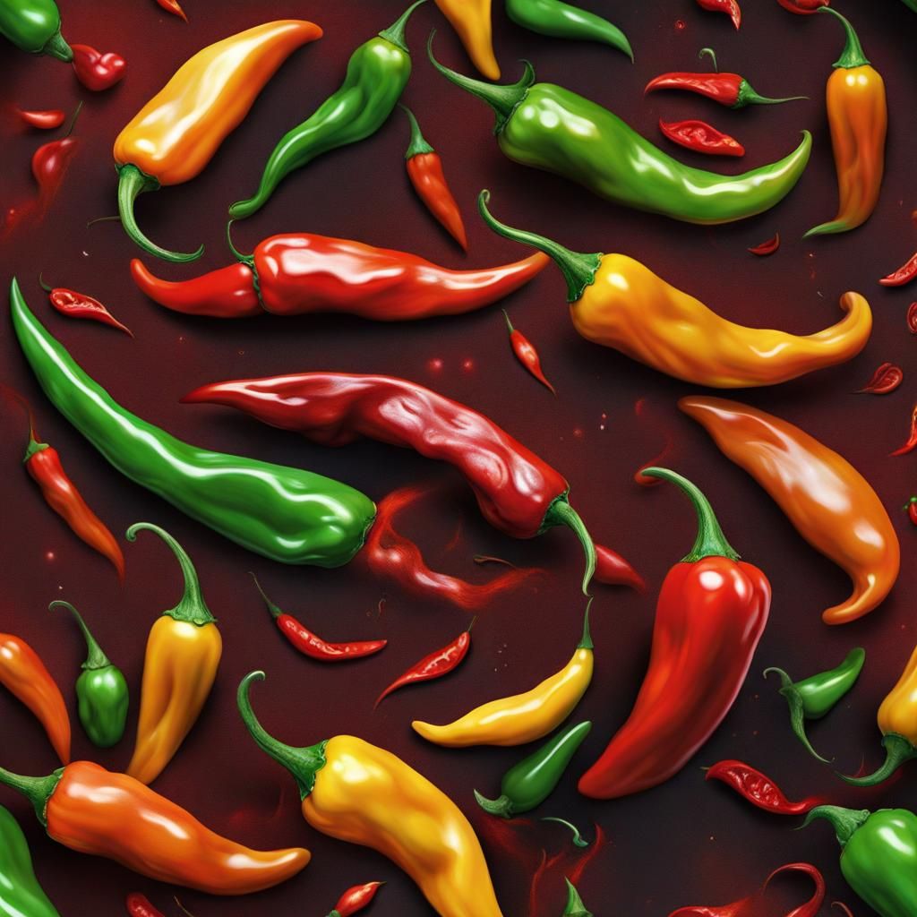 Hyperrealistic Chile Peppers in Twisted Digital Painting