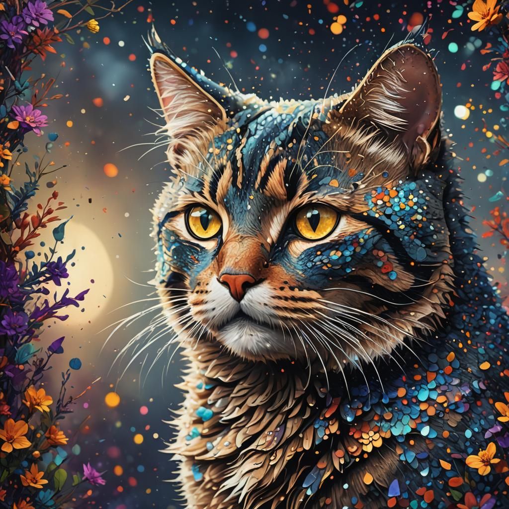 Pointillist Cat Portrait in Detailed Matte Painting