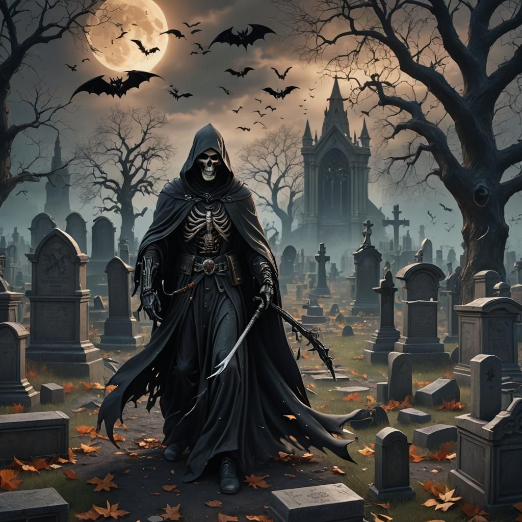 Grim Reaper in Graveyard: Detailed Matte Painting